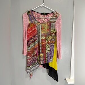 Poeme By Citron Women's S Semi Sheer Tunic Blouse Mixed Media Boho Art to Wear